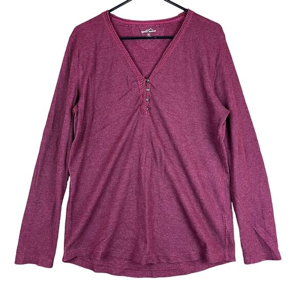 Eddie Bauer Womens Shirt Burgundy Henley Crocheted Neckline Long Sleeve XXL - Picture 1 of 13